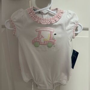 NWT Magnolia Baby Ruffle Butt Gold Cart Onesie